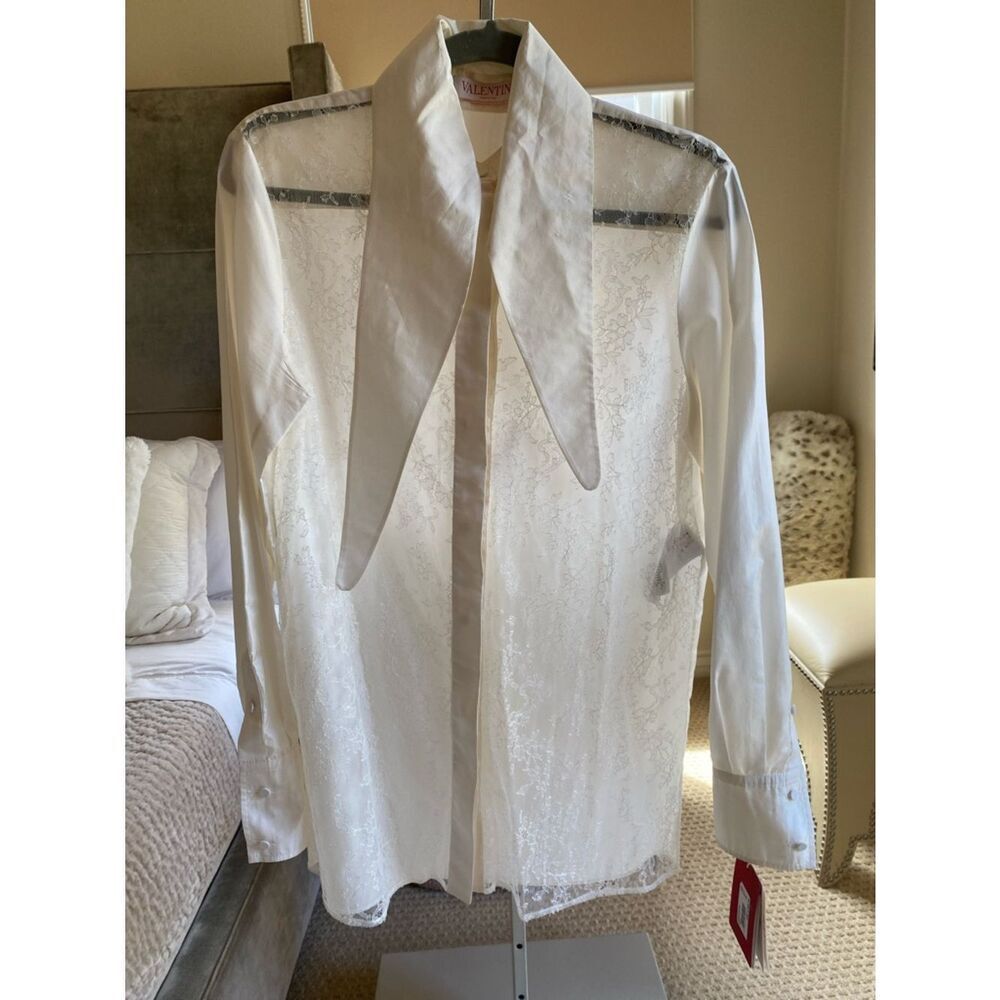 Valentino White Sheer Lace-Front Dress Shirt with Pointed Collar